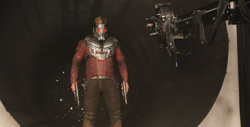 Chris Pratt as Star-Lord on the set.
